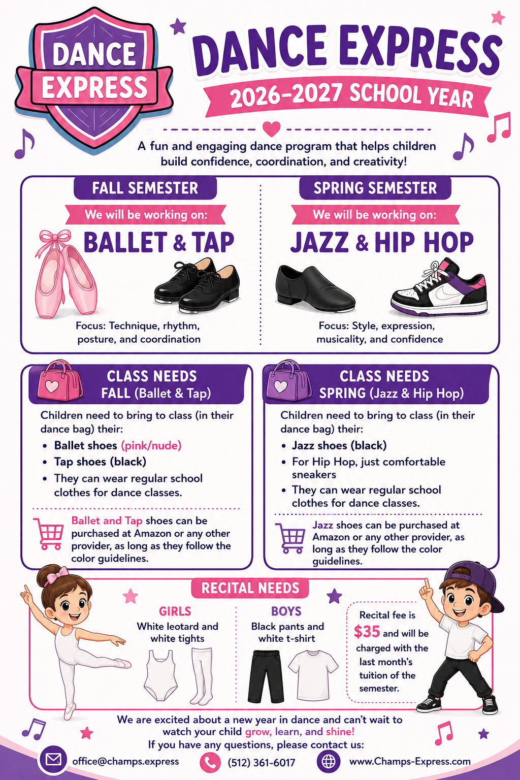 Dance Express 2026-2027 class needs flyer showing fall and spring semester requirements
